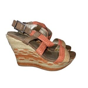 BKE Sole Women's Woven Wedge Boho Sandals coral tan Size 8.5 Side Buckle 4" Heel